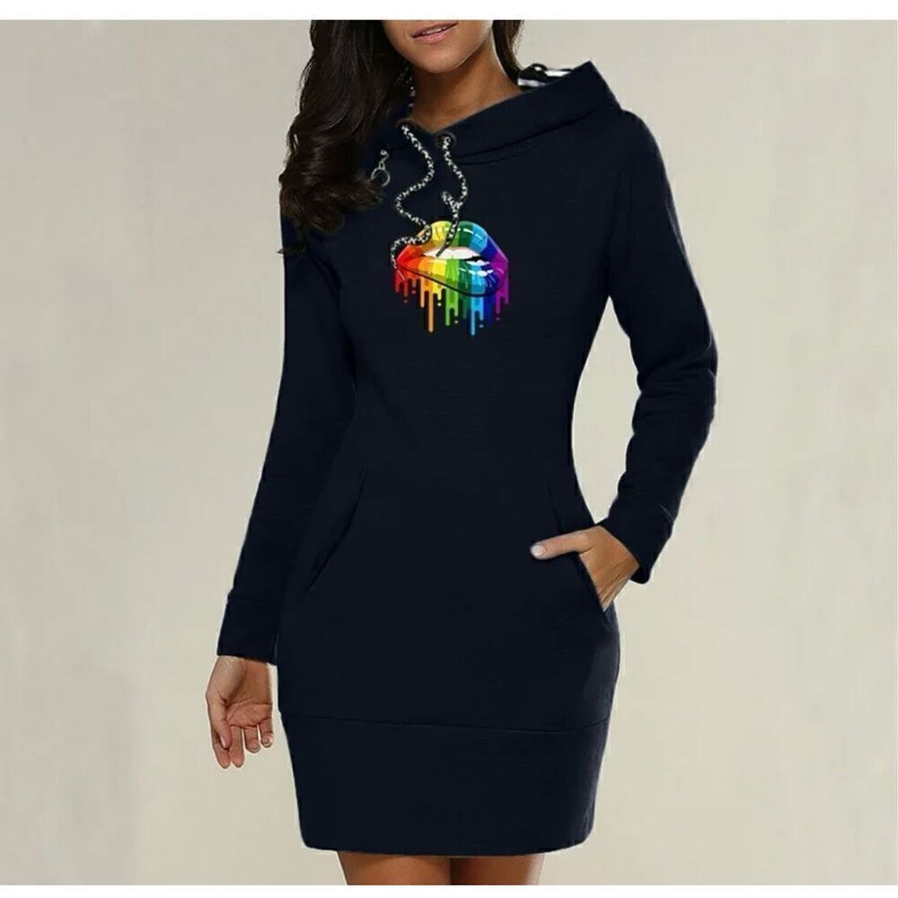 MAGICMK Women Long Sleeve Print Lips Slim Fitted Knee Length Sweatshirt with Poc